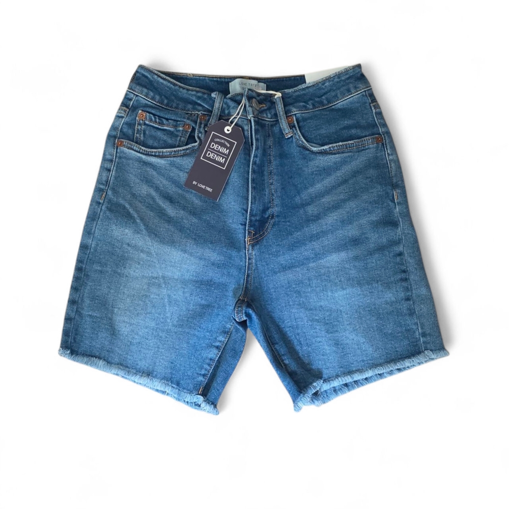 Blue Bermuda Shorts with Frayed Hem and Classic Wash